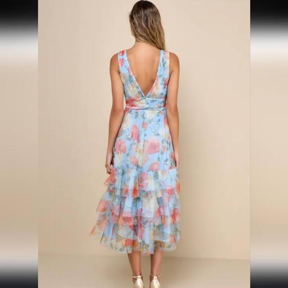 Lulus Perfectly Divine Blue Floral Tulle Tiered Ruffled Midi Dress - Picture 2 of 5